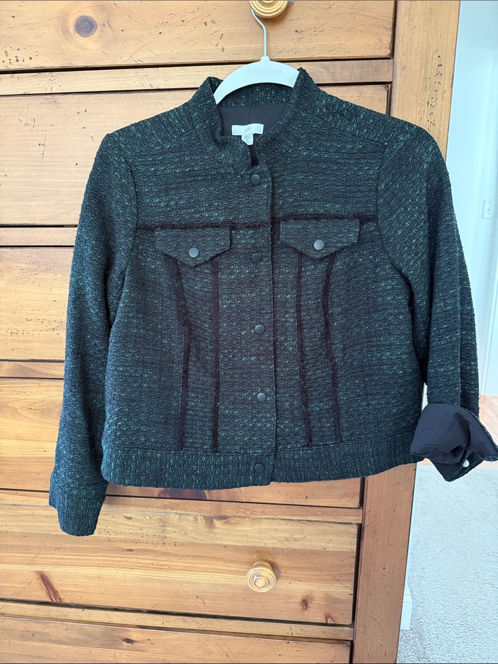 Women's Tweed Snap-Front Jacket - Hunter Green and Black Tweed with Black Snaps